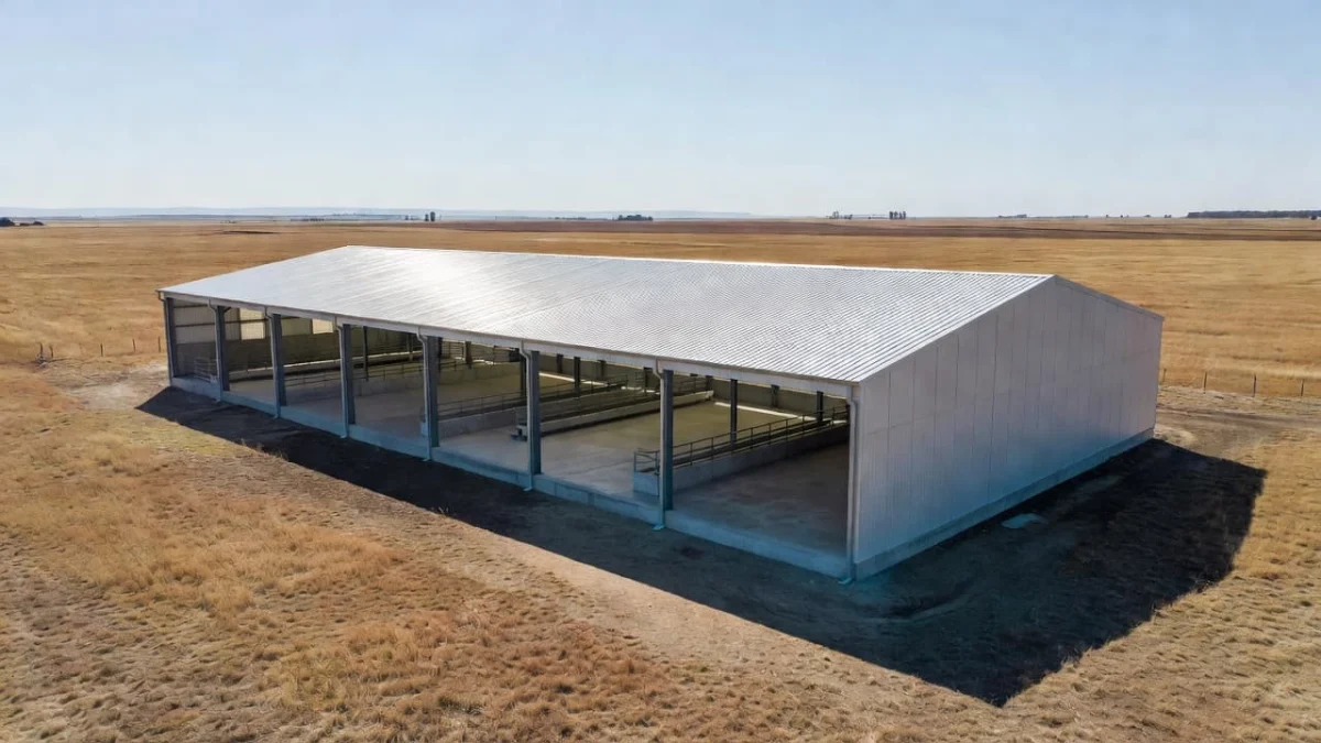 Πόσο είναι το Κόστος Κτηνοτροφικής Μονάδας στην Ελλάδα; 2 A clean and modern livestock barn structure in a rural, open field, bright daylight, realistic style with strong contrast and dramatic lighting, no text, no people, no logos.
