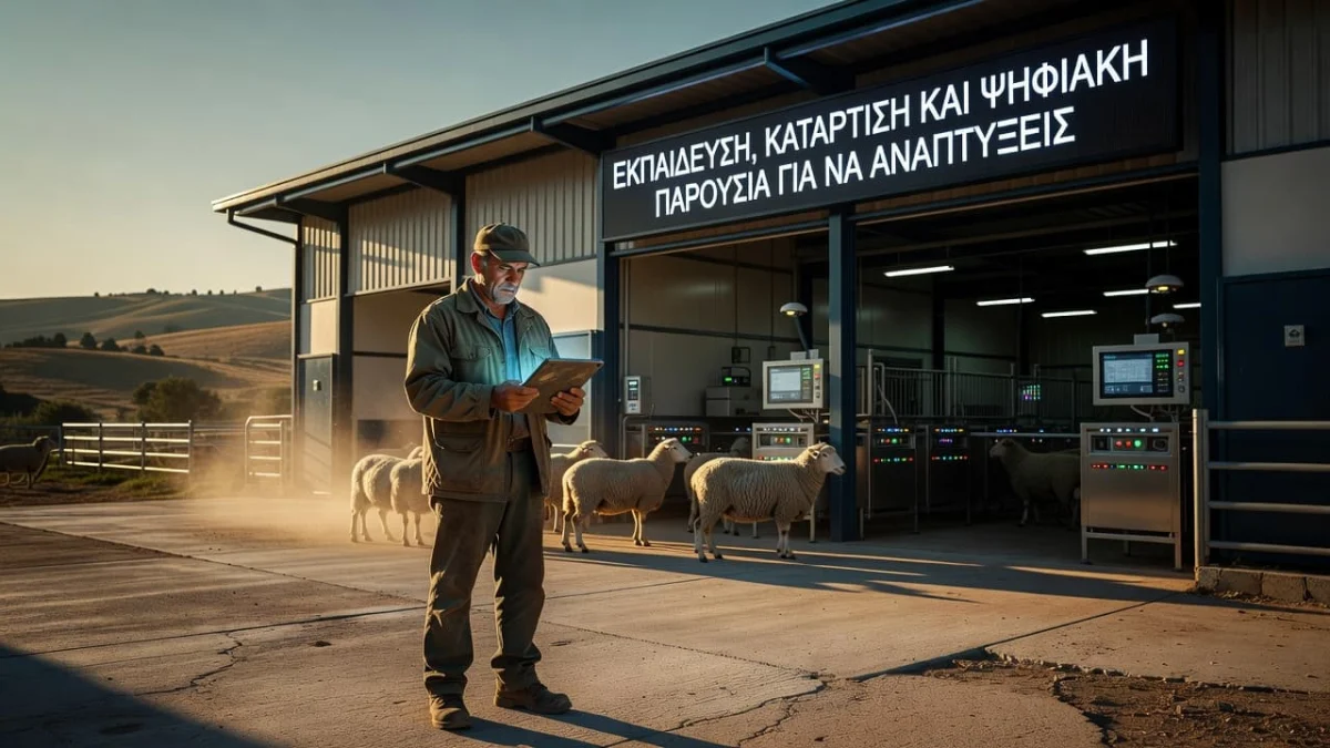 Πώς να Γίνεις Κτηνοτρόφος το 2026: Βήματα, Άδειες, Κόστος 13 A focused farmer stands inside a clean stable, examining real-time livestock data on a handheld tablet. Modern automation equipment lines the background, illuminated by dramatic shafts of warm, natural golden light.